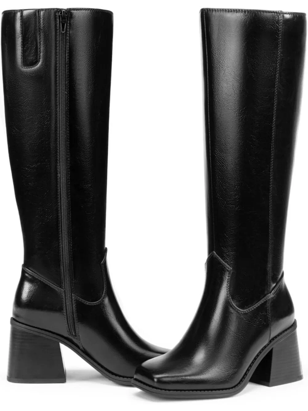 Women's Black Chunky Block Heel Square Toe Side Zipper Knee High Boots